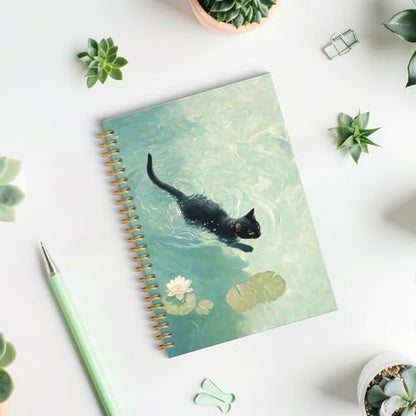 ROXMART Whimsical Funny Black Cat Spiral Notebook Journal, Cat Lover Mom Lady Owner Gifts, Cute Black Kitty Kitten in Water Lily Pond Hardcover Notebook Journal, 5.5x8.3 Inch - color: Style05