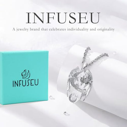 INFUSEU Unique Dragon Necklaces with Healing Crystal Stone for Men Women, Personalized Spiritual Gifts, 24 Inch Chain - color: Clear
