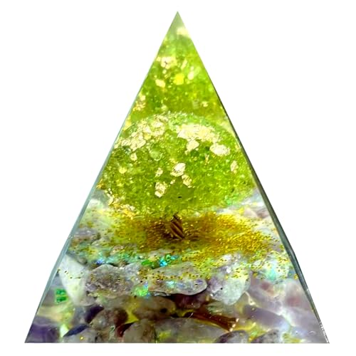 Tree of Life Orgone Pyramid,Natural Lilac Gravel&Peridot Orgonite Healing Crystals Pyramid,Crystal Stone Positive Reiki Energy Generator Collection Wealth Lucky Meditation Tool(6cm) - color: Green 1