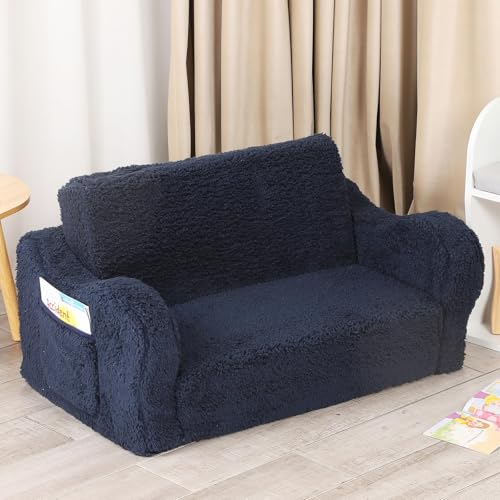 MOMCAYWEX Kids Sofa, 2-in-1 Flip-Out Foam Couch with Soft Sherpa Cover, Cozy Play Lounge Chair, Extra Wide, Dark Blue - color: Dark Blue, size: Large