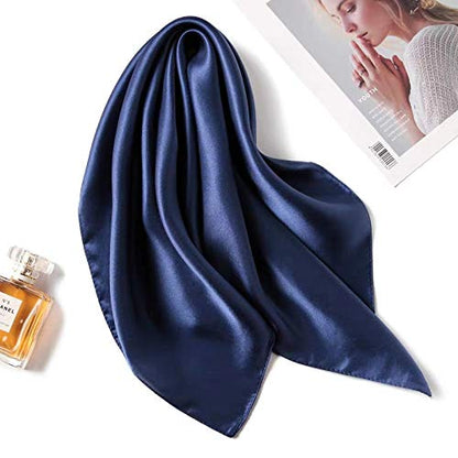 ANDANTINO 100% Mulberry Silk Scarf -21” Lightweight Square Neckerchief – Breathable Digital Printed Scarves with Gift Packed - color: Solid Color-navy Blue