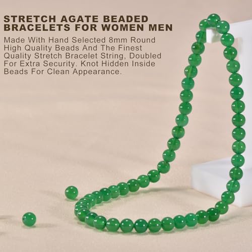 14in Agate Wrap Bracelet for Women Men Natural Round Beaded Agates Stone Healing Stretch Bracelets Elastic Handmade Polished Gemstone Beads Bracelet - color: Green Agate, size: 8mm Beads