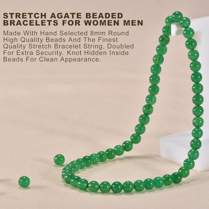 14in Agate Wrap Bracelet for Women Men Natural Round Beaded Agates Stone Healing Stretch Bracelets Elastic Handmade Polished Gemstone Beads Bracelet - color: Green Agate, size: 8mm Beads