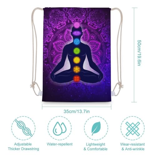 Seven Chakra Yoga Meditation Lotus Purple Mandala Portable Canvas Drawstring Backpack with Drawstring Pockets 35x50cm - color: Seven Chakra Yoga Meditation Lotus Purple Man, size: 35x50cm