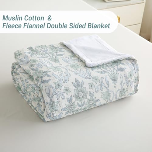 Viviland Cotton Muslin Blanket Reversible Fleece Blanket Lightweight Breathable Gauze King Size 108 x 90 Inches, Green Narcissus - color: Green Narcissus, size: King Size (90 X 108 Inches)