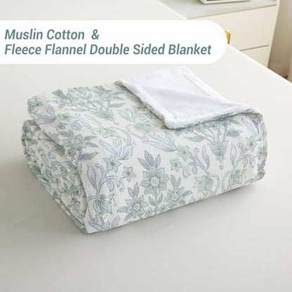 Viviland Cotton Muslin Blanket Reversible Fleece Blanket Lightweight Breathable Gauze King Size 108 x 90 Inches, Green Narcissus - color: Green Narcissus, size: King Size (90 X 108 Inches)