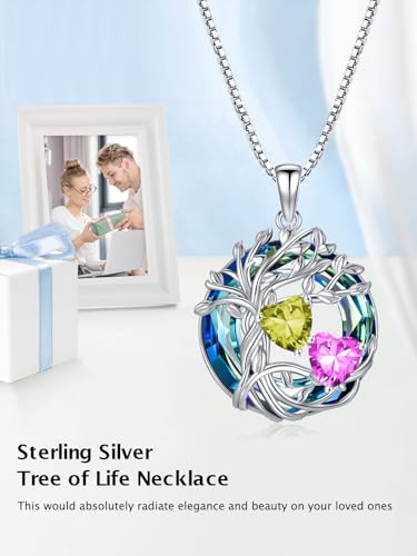 TOUPOP s925 Sterling Silver Family Celtic Tree of Life Pendant Necklaces with 2 Heart Birthstone with Blue Austrian Crystal Jewelry Birthday Valentines Day Gifts for Her, Anniversary Christmas Gifts for Wife Girlfriend Mom (18K Real White Gold Filled) - c