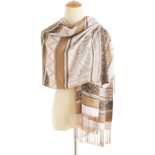 Paisley Pashmina Rave Shawl Scarf-Women's Reversible Ethnic Jacquard Pashmina Wraps for Travel - color: G#. White Grey Coffee