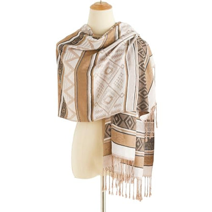 Paisley Pashmina Rave Shawl Scarf-Women's Reversible Ethnic Jacquard Pashmina Wraps for Travel - color: G#. White Grey Coffee