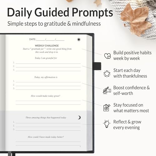 SUNEE Daily Gratitude Journal – 52 Weeks Simple 5 Minute Journal for Daily Reflection, Build Positivity and Mindfulness, Undated Minimalist Planner for Women & Men (Black)