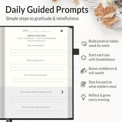 SUNEE Daily Gratitude Journal – 52 Weeks Simple 5 Minute Journal for Daily Reflection, Build Positivity and Mindfulness, Undated Minimalist Planner for Women & Men (Black)