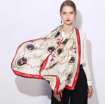100% Mulberry Silk Long Scarf for Women Large Shawls for Headscarf and Neck- Oblong Hair Wraps with Gift Packed - color: 1-red&navy-carriage