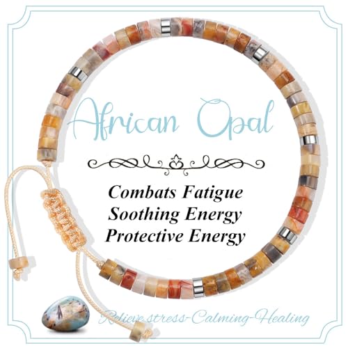 CASDAN Natural Crystal Beaded Bracelet for Women Natural Stone Adjustable Braided Rope Bracelets Spiritual Bracelet Inspirational Gifts - color: African Opal