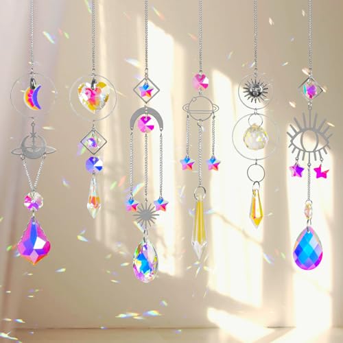 Sun Catchers 6Pieces Colorful Crystals Suncatcher with Chain Pendant Ornaments Hanging Crystals Prism Rainbow for Window Home Indoor Outdoor Car Mirror Garden Christmas Day Party Wedding Decoration - color: Silver New