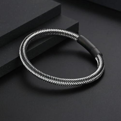Men's Leather Bracelet, Stackable Stainless Steel Clasp Bracelets for Men Stylish Birthday, Thanksgiving, Valentine's Day Gift for My Man - style: 9" Silver and Black Cord
