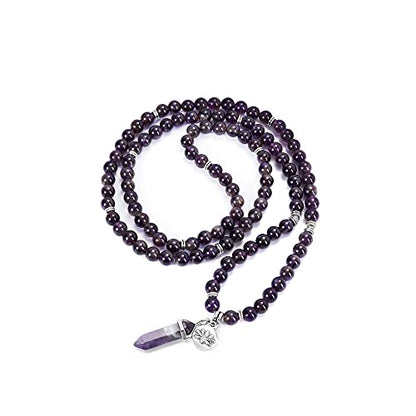 Jovivi 108 Mala Beads Bracelet 8mm Natural Amethyst Rose Quartz Healing Crystal Stone Mala Prayer Bead Necklace Hexagonal Prism Gemstone Reiki Pointed Pendant for Yoga Meditation Energy Balancing - color: Amethyst Crystal