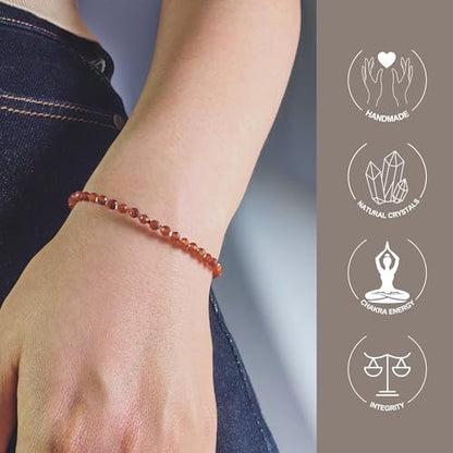 Natural Crystal Silver Bracelet, 0.12" Faceted Stone Beads Adjustable Jewelry for Women, Handmade Crown Chakra Design for Meditation & Spiritual Gifts - color: Orange Garnet