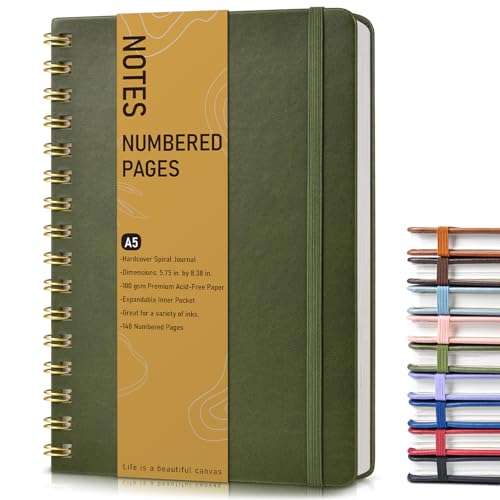 Lined Spiral Journal Notebook, A5 Hardcover Spiral Journals for Women Men, 150 Numbered Pages Spiral Bound Notebook, 100 GSM College Ruled Notebooks for Work, Note Taking 5.75" x 8.38", Olive Green - color: Green, size: Line