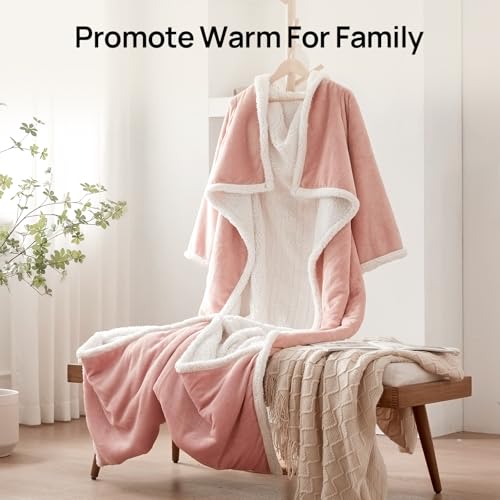 Westinghouse Electric Snuggle Throw Blankets with Foot Pocket, Wearable Heated Blanket with Sleeves, 6 Heating Levels & 2 to 10 Hours Heating Time Settings, 50 * 70"+18", Pink - color: Pink&ivory, size: 70*50" Heated Snuggle Blanket