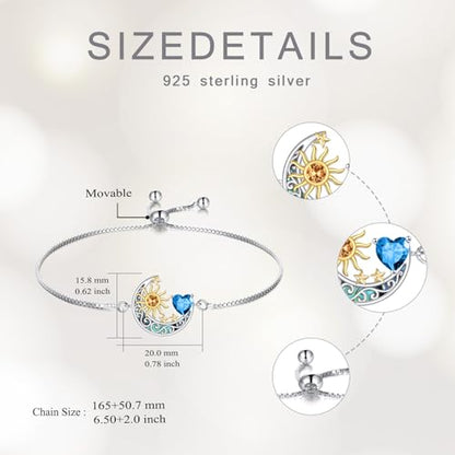 925 Sterling Silver Moon and Sun Star Adjustable Link Bracelet for Women with 12 Month Birthstone Birthday Jewelry - style: 12 - Dec.