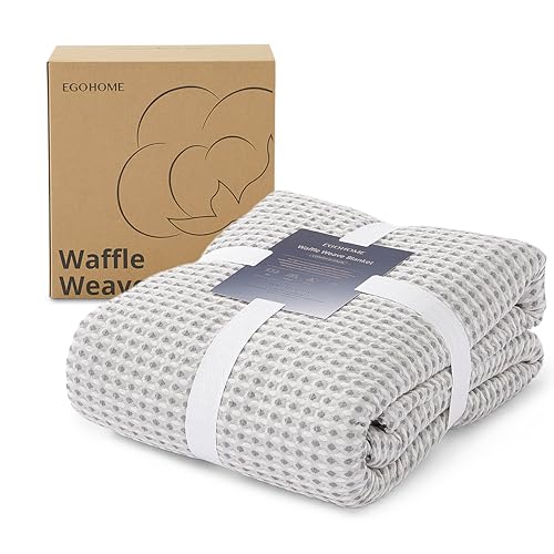 Lightweight Cotton Waffle Throw Blanket, Modern Two-Tone Check Pattern, Soft & Breathable for Bed, Couch, Sofa, All Seasons –Gray/White, 50"x60" - color: Gray/White, size: Throw
