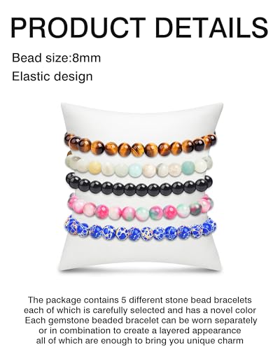 BOMAIL 5Pcs Healing Crystal Bracelets for Women 8mm Natural Stone Beaded Stretch Bracelet Set Handmade Semi-Precious Gemstone Bracelets - color: C