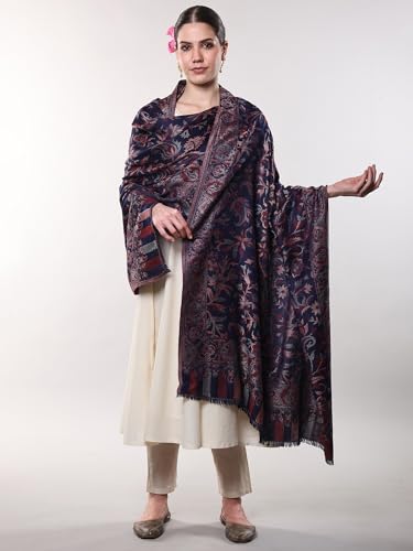 Exotic India Women Reversible Jamawar Wool Shawl with Woven Flowers | Ethnic Beautiful Floral Weave Stole, Dupatta - color: Parisian Night