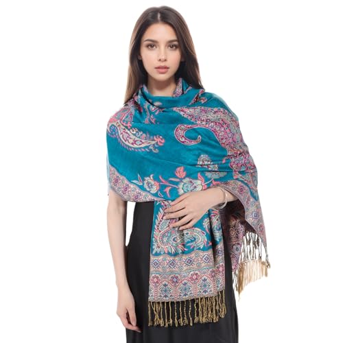 MUQU Women Pashmina Shawls and Wraps Scarf Soft Silky Reversible Paisley Scarves Shawl for Women - color: Blue-b