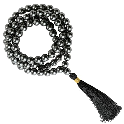 Amazing Gemstone Japa Mala 108 Prayer Beads Necklace and Wrist Mala Bracelet for Meditation - color: Hematite, size: Without Knots