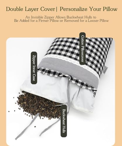 Upgrade Buckwheat Pillows for Sleeping, Neck Pillow Adjustable Buckwheat Hulls Filled with Pillow Cover Neck Support for Back and Side Sleepers (20x11 inch, Khaki) - color: Plaidkhaki