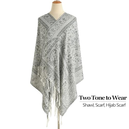 Paisley Pashmina Rave Shawl Scarf-Women's Reversible Ethnic Jacquard Pashmina Wraps for Travel - color: C#.silver White
