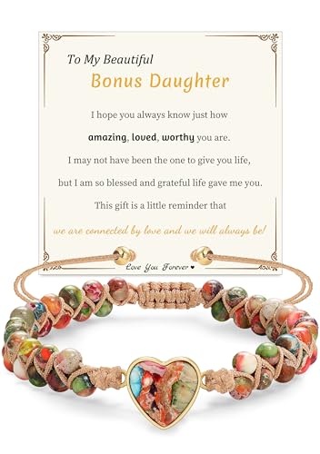 Gifts for Daughter Granddaughter, To My Mom Grandma Wife Girlfriend Sister Jasper Heart Bracelets Birthday Graduation Anniversary Christmas Stocking Stuffers Valentines Mothers Day Jewelry - style: 2.Gift To My Bonus Daughter: Colorful Beads