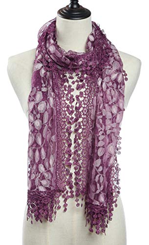 Cindy and Wendy Lightweight Soft Leaf Lace Fringes Scarf Bridal Veils shawl for Women - color: Purple