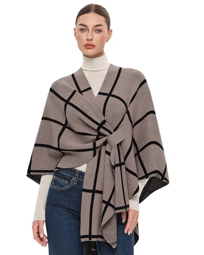 PULI Women's Elegant Shawl Wraps Soft Open Front Poncho Sweater for Spring Fall Winter - color: Classic Check-tan and Black