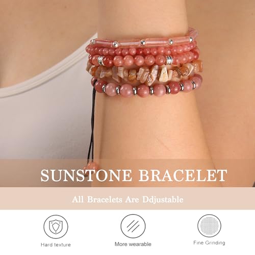 5Pcs Healing Crystal Bracelet for Women Men, Handmade Adjustable Gemstone Bracelets Beaded Reiki Energ Bracelet Set Jewelry Gifts for Women Men - color: Sunstone