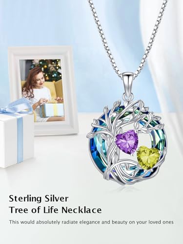 TOUPOP s925 Sterling Silver Family Celtic Tree of Life Pendant Necklaces with 2 Heart Birthstone with Blue Austrian Crystal Jewelry Birthday Valentines Day Gifts for Her, Anniversary Christmas Gifts for Wife Girlfriend Mom (18K Real White Gold Filled) - c
