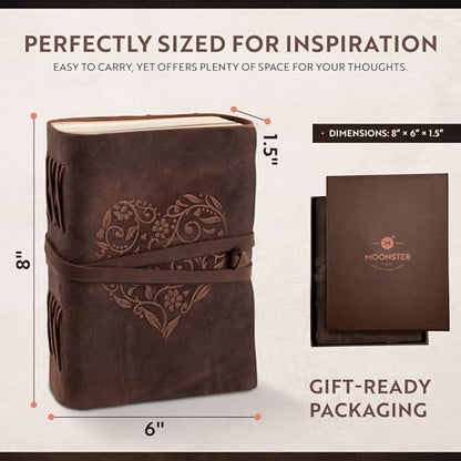 moonster Leather Journal with Embossed Heart Shape - Non Refillable 8x6″ Lined Notebook - 400 Pages College Ruled Kraft Paper - Inspirational Small Notebook - Leather Journals for Women - size: 8" x 6"