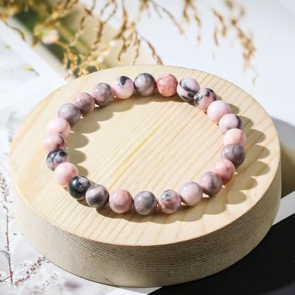 Natural Gemstones Bracelet 8mm Chakra Round Beads Energy Power Crystal Reiki Healing Elastic Stretch 7 Inch for Women Men Unisex - color: Pink Zebra Jasper