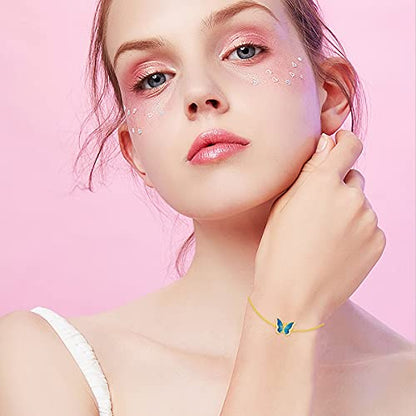 Real 14k Gold Blue Butterfly Bracelet for Women, Solid 14 Karat Gold Animal Lover Wrist Jewelry Gifts for Her, 6.8-8.4