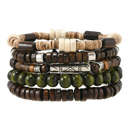 5pcs Wooden Bead Bracelet Set with Charm and Tassel for Men & Women - Stackable Boho Bracelets, Amber Color Scheme Adjustable Bracelet - color: Brown Green