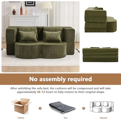2-in-1 Folding Sofa Bed with Pillow, No Assembly Futon Twin Size Sofa Bed, Breathable Velvet Convertible Couch Bed for Living Room and Guest Room, 78.7 Inch, Green - color: Green-78.7", size: 2 seat