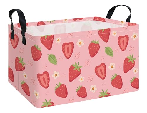 Rectangular Storage Bin Collapse Canvas Fabric Cartoon Storage Basket with Handles for Organizing Home Kitchen Boys and Girls Toys Office Closet Shelf Baskets(Rec Flower Strawberry) - color: Rec Flower Strawberry