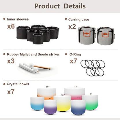 RYAN DVAN 432hz 6-12 Inch Set of 7 Pcs Gradient Design Quartz Crystal Singing Bowl Chakra Set Sound Therapy for Yoga, Reiki, Chakra Healing Energy Tuning & Mindfulness Kit
