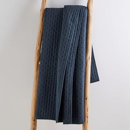 Levtex Home - Cross Stitch - Quilted Throw - 50x60in. - 100% Cotton - Reversible Pattern - Navy with Matching Stitching
