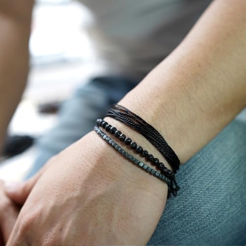 Mezcla Vida Handmade Natural Stone Beaded & Hematite Healing Bracelet Gift for Men-Set of 3 Stackable Adjustable Waterproof String Rope Bracelets