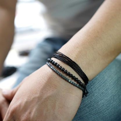 Mezcla Vida Handmade Natural Stone Beaded & Hematite Healing Bracelet Gift for Men-Set of 3 Stackable Adjustable Waterproof String Rope Bracelets