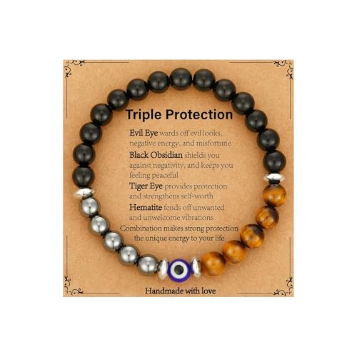 Gnamy Crystal Bracelet Gifts for Men Him- Triple Protection Hematite Black Obsidian Tiger Eye Gemstone Beaded Bracelets Birthday Healing Jewelry Gifts - style: Style 5
