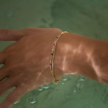 Made by Nami Dainty Gold Link Bracelets for Women Adjustable Double Layered Gold Chain Bracelet with Colorful Beads 7.5" + 2" Chain Extension - color: Colorful
