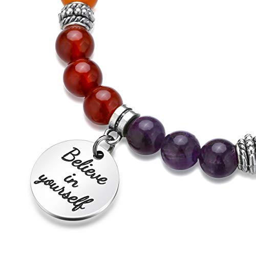 Top Plaza 7 Chakra Stone Bead Bracelets Yoga Reiki Healing Crystals Gemstone Beaded Bracelet Friendship Inspirational Message Charm Bracelet for Women Men - color: Believe in yourself