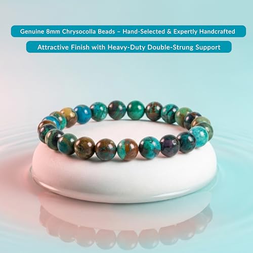 Cherry Tree Collection Tigers Eye Bracelets Plus Over 40 Other Stones – Gemstone Beads for Men & Women, Promotes Protection, Courage, Focus, Balance & Luck – Available in S, M, L with 8mm Round Beads - color: Chrysocolla, size: Large